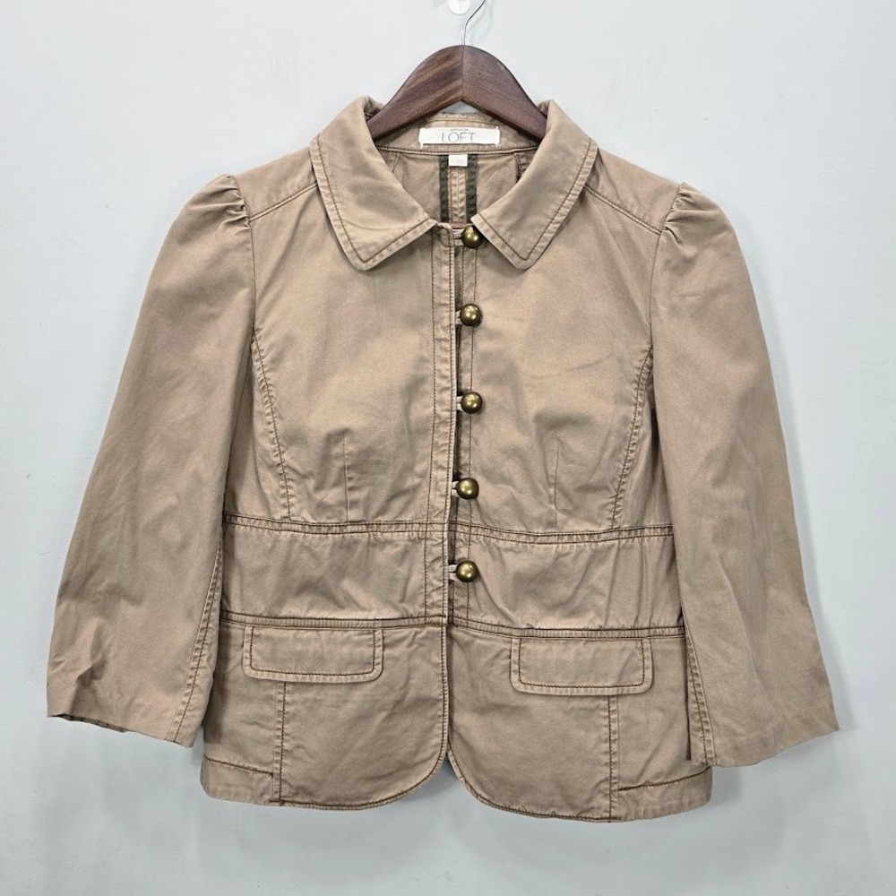 LOFT Blazer Jacket 4 Tan Cropped Babydoll Elbow Patches Military Safari Y2K